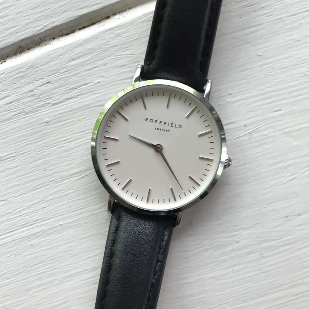 Rosefield Bowery black leather watch
